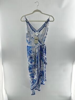 Camilla 100% Silk Floral Sleeveless Wrap Midi Dress White Blue Women's Small